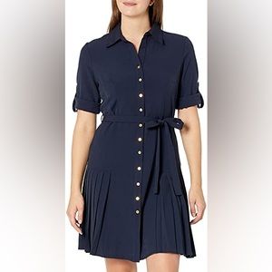 Dress professional cocktail Sharagano navy blue pleated collar work dress